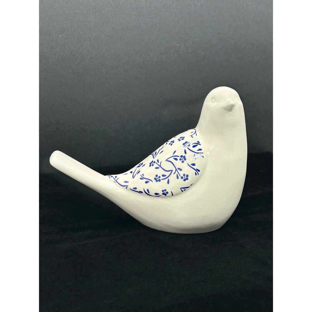 White Ceramic Bird Figurine Blue Floral Wing Glazed Decorative Sculpture 6.5in